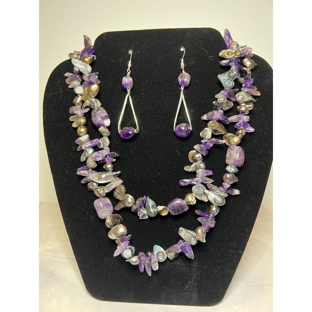 Natural Amethyst Chip Bead & Pearl, 2 Strand Necklace & Earring Set, (0144)